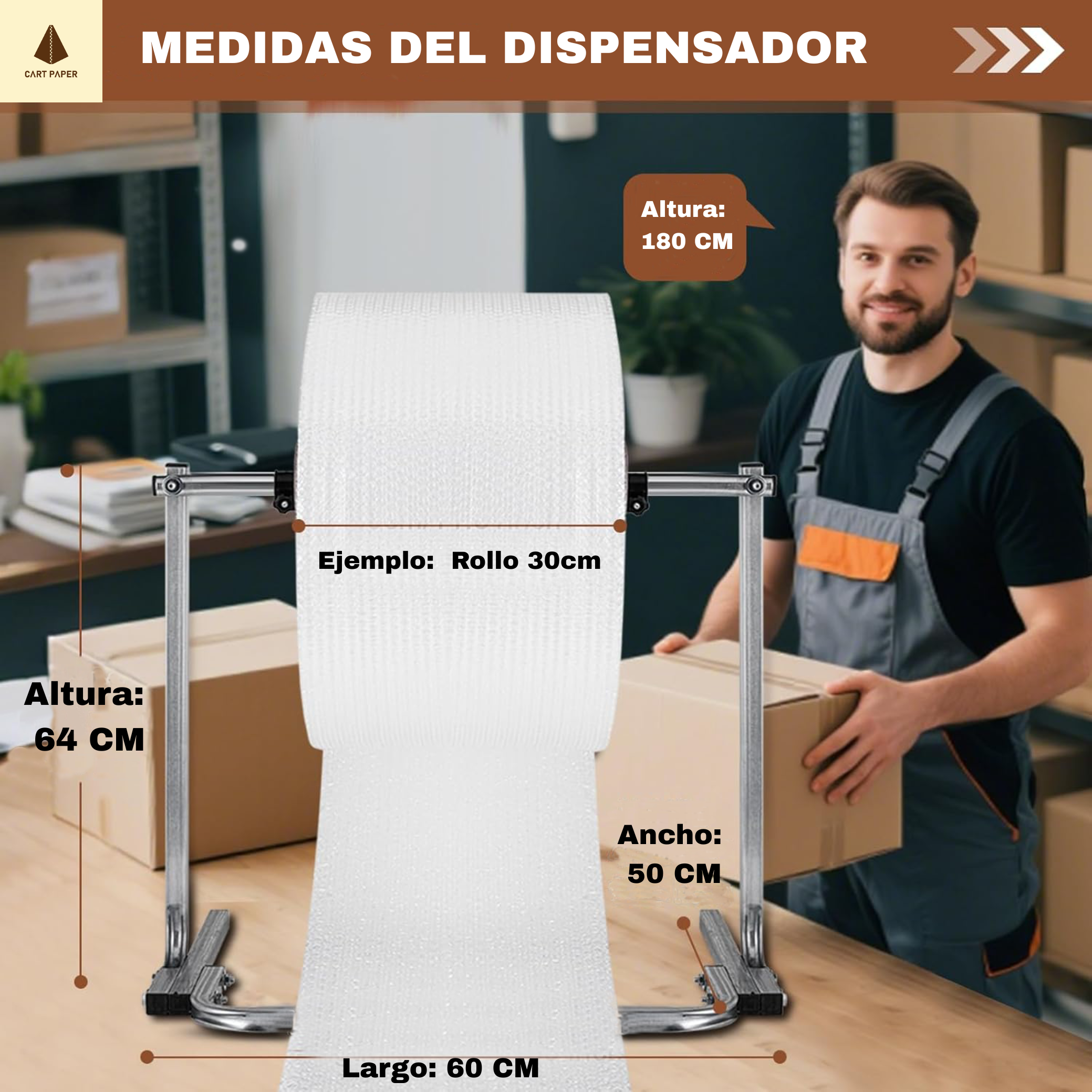 Dispensador Rollos embalaje Plastico Burbuja y cartón corrugado