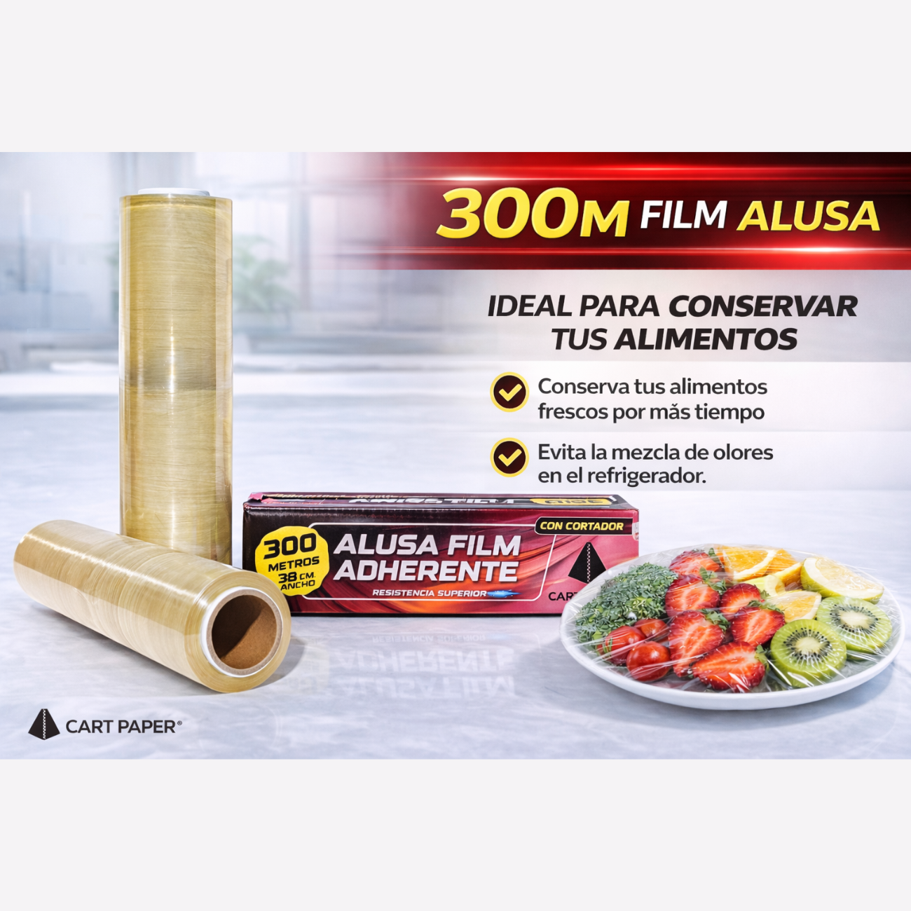 Papel Alusa cocina plástico 300m x 28cm con cortador