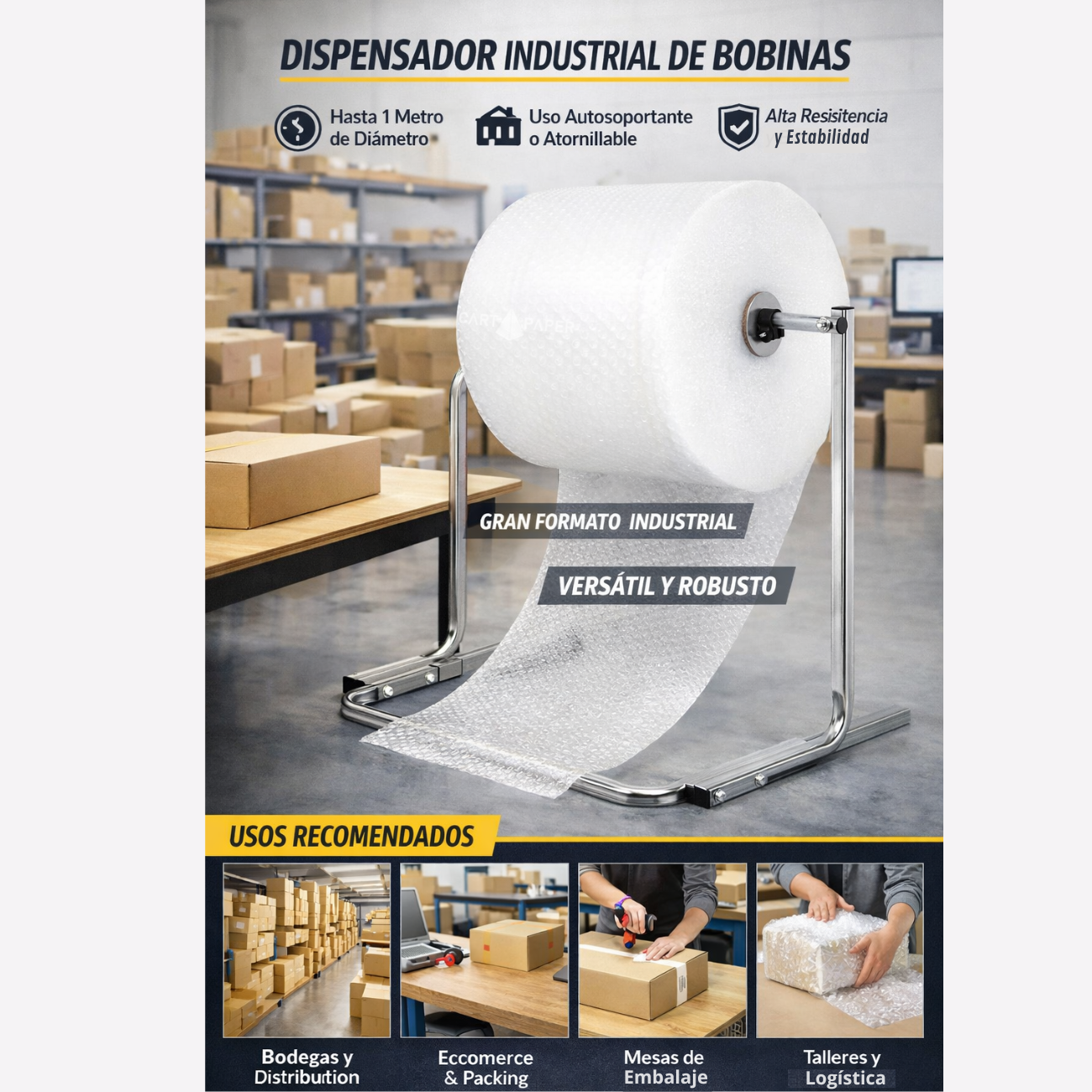 Dispensador Rollos embalaje Plastico Burbuja y cartón corrugado