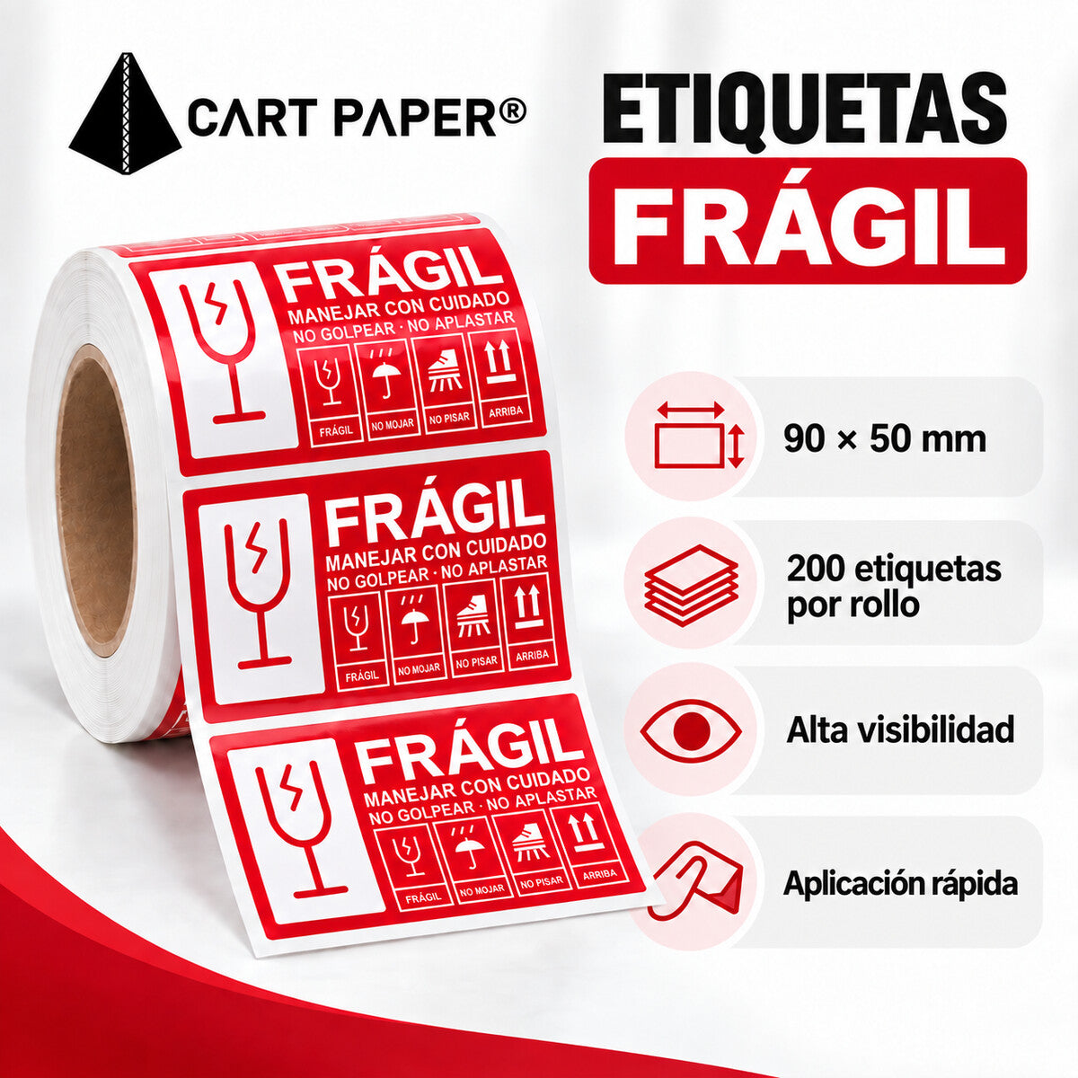 ETIQUETAS 90 x 50mm FRAGIL ROLLO 200u